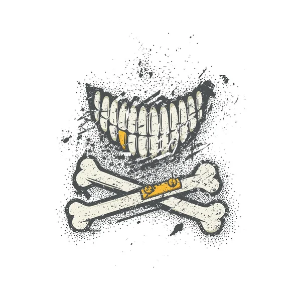 Dotwork sorriso crânio com ossos quebrados cruzados e dente dourado . — Vetor de Stock