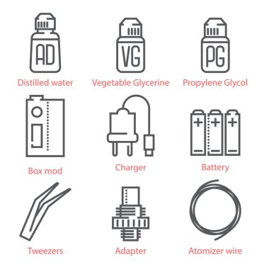 Vaping Aksesuar ve malzemeleri infographics ve Ux UI kiti ile vektör ince çizgi Icons set