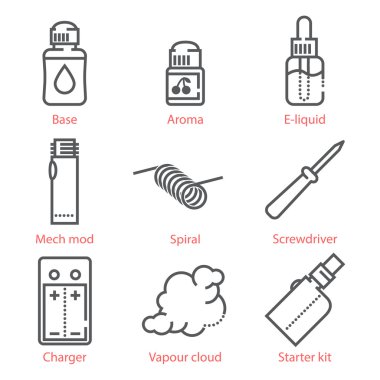 Vaping Aksesuar ve malzemeleri infographics ve Ux UI kiti ile vektör ince çizgi Icons set