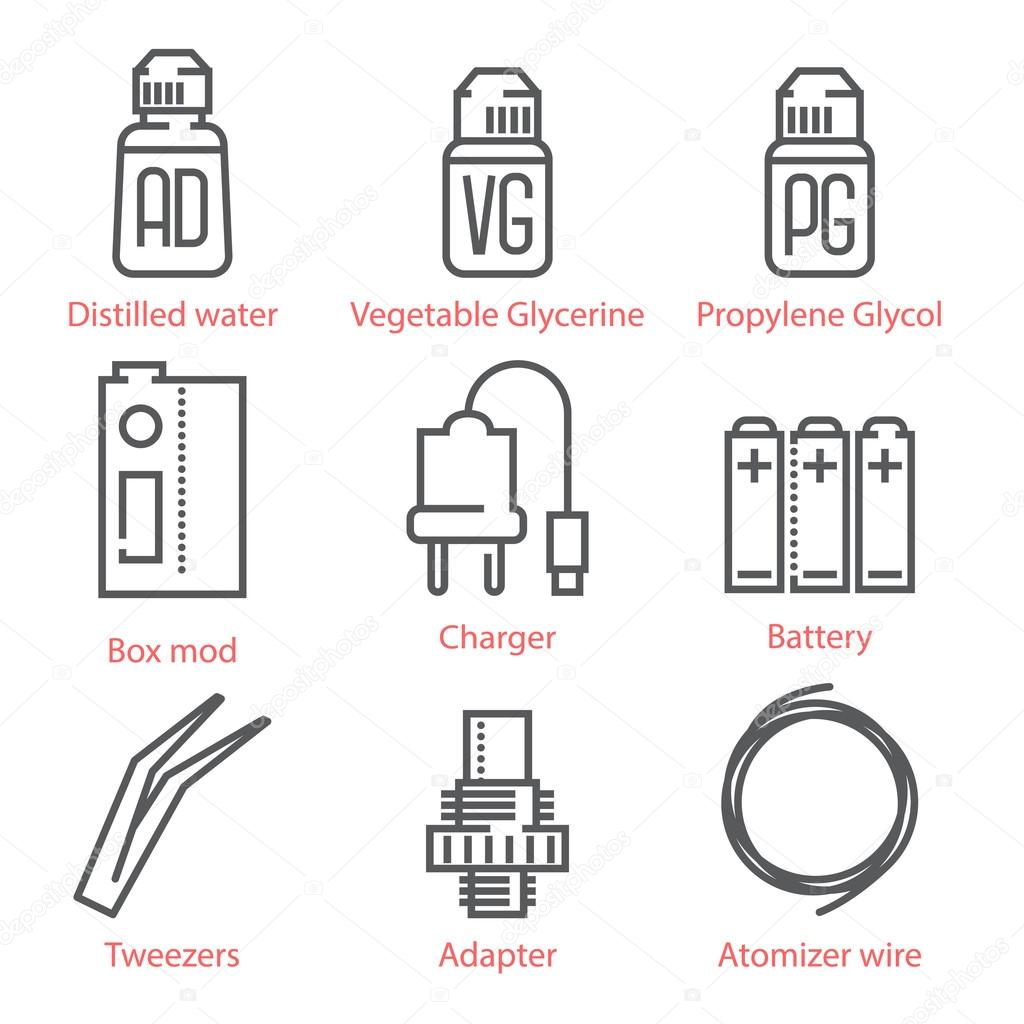 Vector thin line icons set with vaping accessories and equipment for infographics and UX UI kit