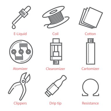 Vaping Aksesuar ve malzemeleri infographics ve Ux UI kiti ile vektör ince çizgi Icons set