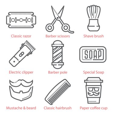 Kuaför ekipman ve aksesuarlar infographics ve Ux UI kiti ile Vektör Lineer Icons set