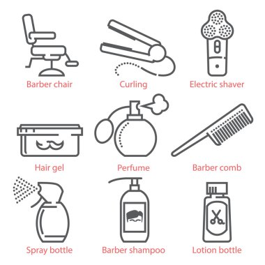 Kuaför ekipman ve aksesuarlar infographics ve Ux UI kiti ile Vektör Lineer Icons set