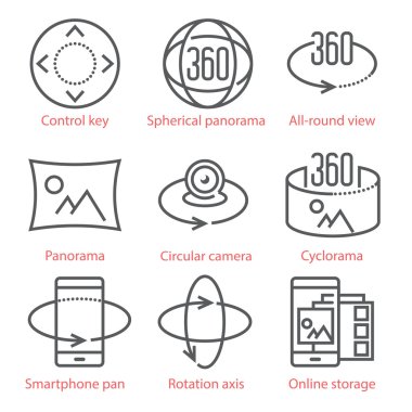 Vektör ince çizgi Icons set ile 360 derece görüş ve, Panorama araçları ve uygulamaları ile. İnfographics ve Ux UI telefon kiti için.