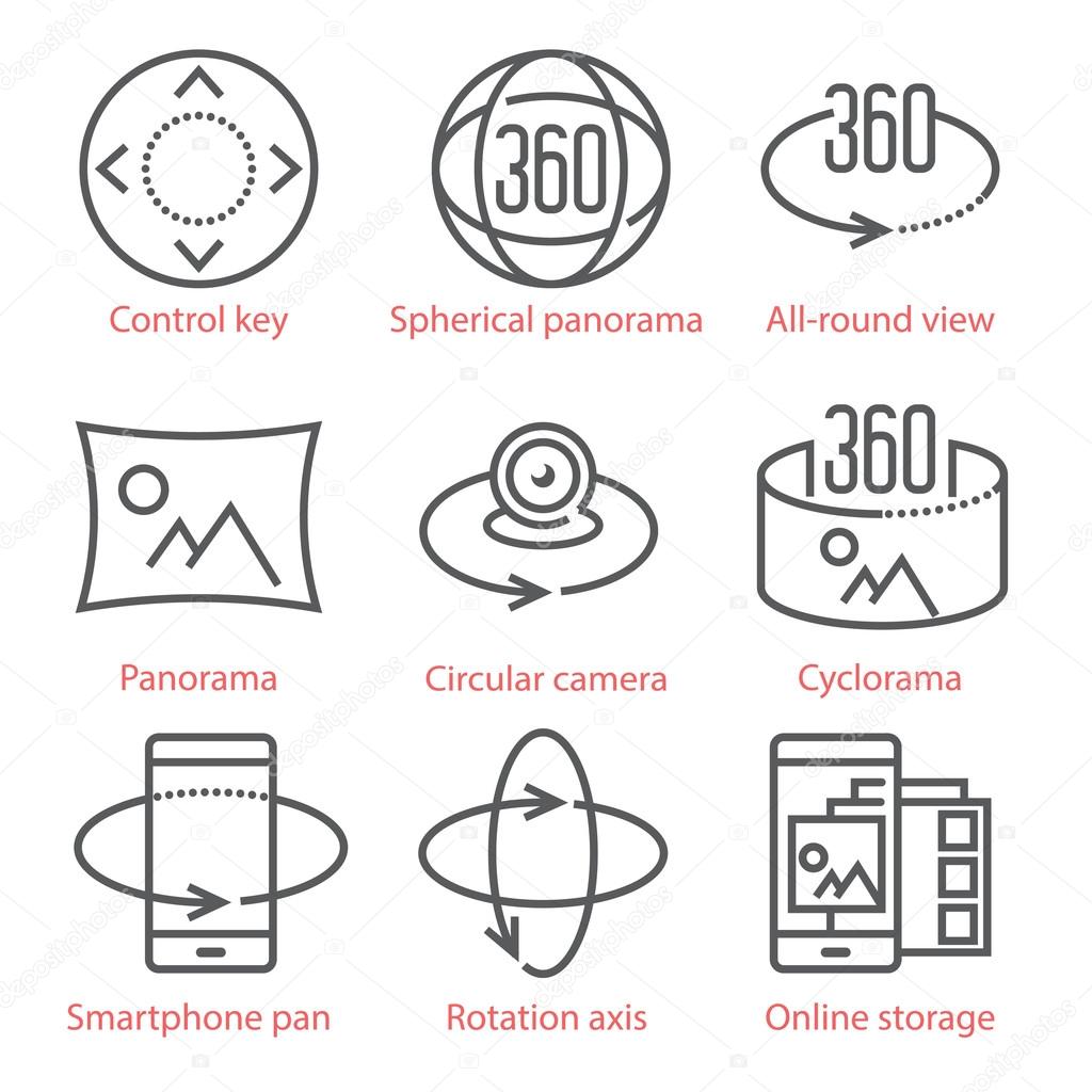 Vector thin line icons set with 360 Degree View and, Panorama tools and applications. For infographics and UX UI mobile kit.