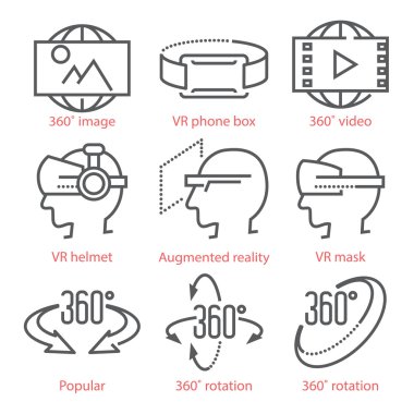 360 derece görünüm simgeler, sanal r vektör ince çizgi Icons set