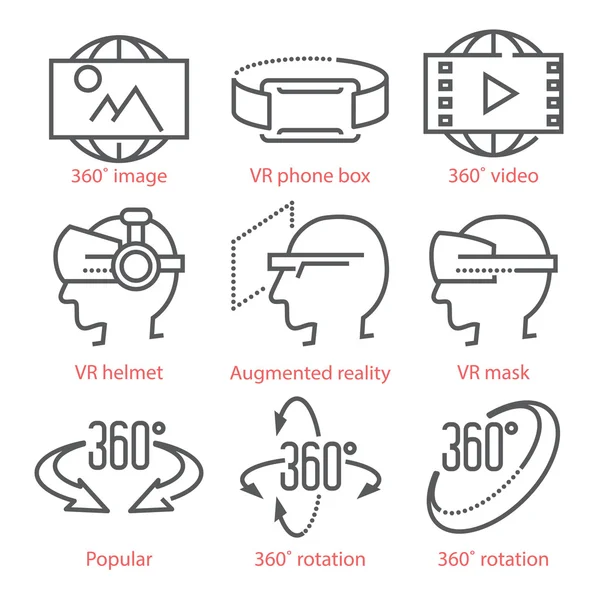 Ícones de linha fina vetorial definidos com ícones de 360 graus, r virtual —  Vetores de Stock