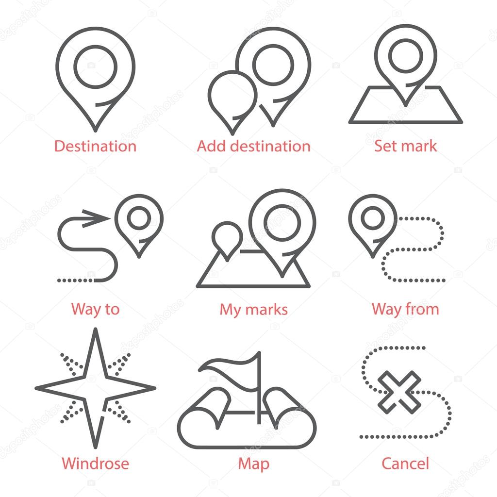 Vector thin line icons set with GPS, navigation, way pints and POS. For infographics, UX UI lit and wed design.