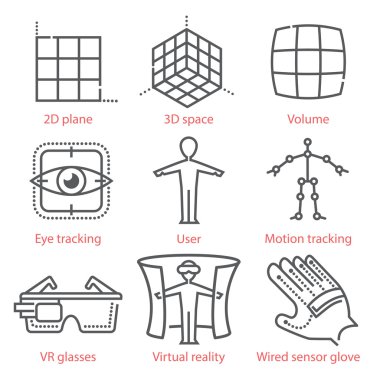 Vektör ince çizgi simgeler artar ve sanal gerçeklik semboller, ekipman ve araçları ile ayarlayın. İnfographics, Ux UI seti, web tasarım ve daha fazlası için