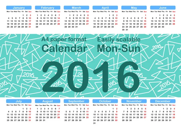 Modèle de calendrier 2016 — Image vectorielle