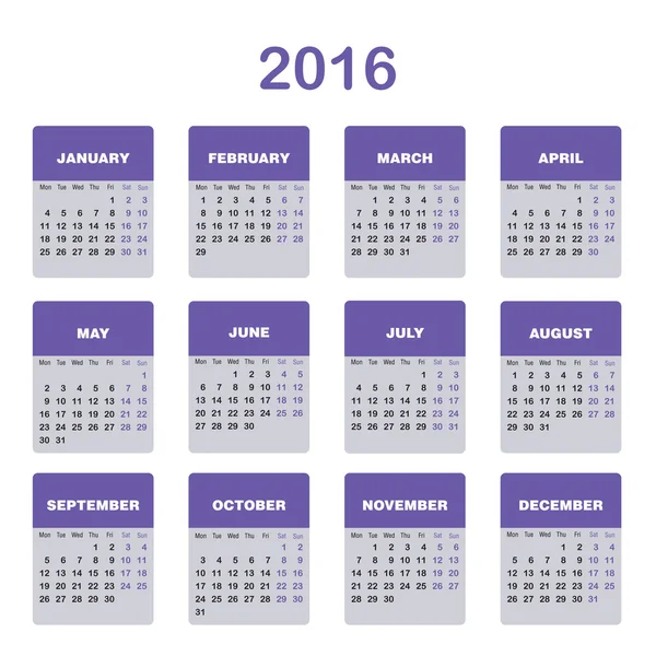 Modèle de calendrier 2016 — Image vectorielle