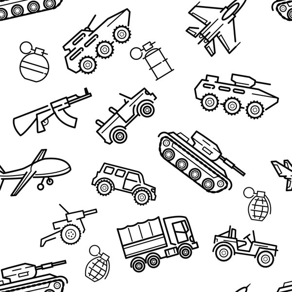 Vector Military seamless pattern with  transport and weapon