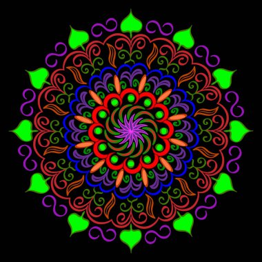 Siyah arka planda çok renkli Madala, iyi şans, sağlık ve refah çekiyor..