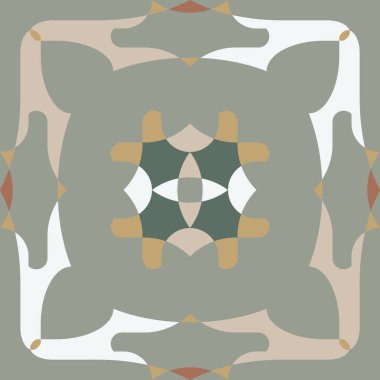 Bu vektör dikişsiz desen, yumuşak bej, zeytin yeşili, hardal sarısı ve mercan aksanlı soyut yaprak ve taç yaprak şekilleri içerir ve sessiz yeşil bir zemin üzerinde simetrik bir mandala oluşturur. Doğal zarafeti çağrıştırıyor. Sonbahar tekstil ürünleri için ideal.