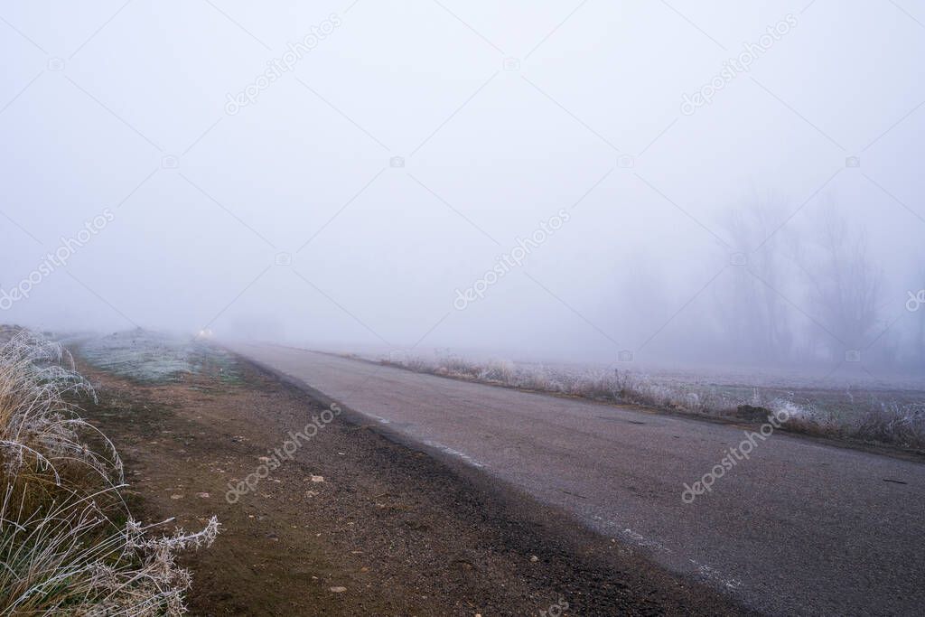 lonely road in deep fog