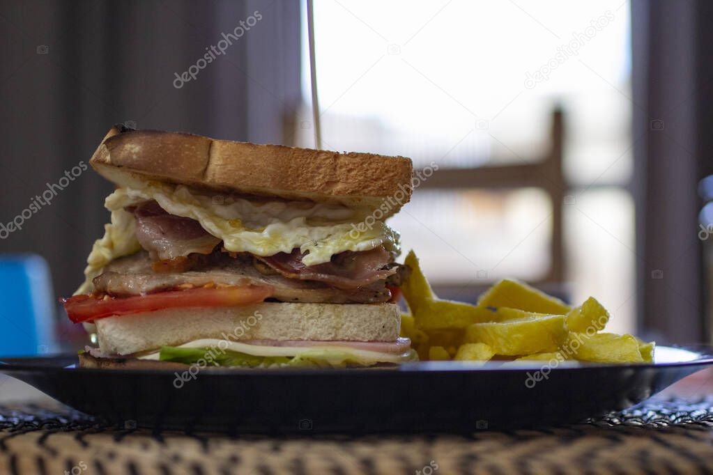 photograph of a complete sandwich with french fries