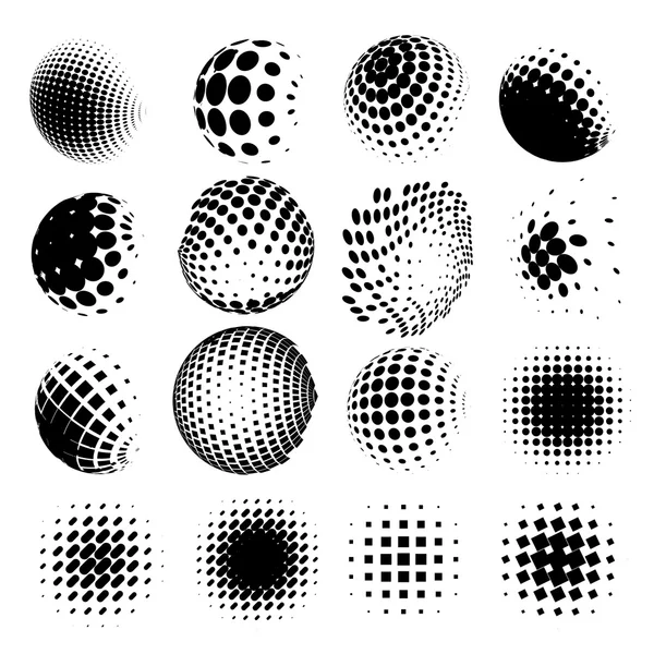 Collection of halftone sphere vector logo set. Abstract globe symbol, isolated round icon, business concept .You can use science and technology, tourism, global financial or environmental background. — Stock Vector