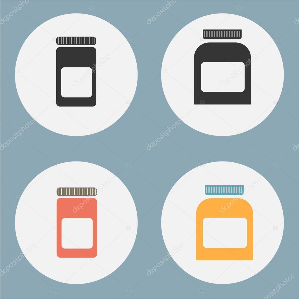 Set of flat medicine bottles, vintage colors, vector illustration. Mockup icons.