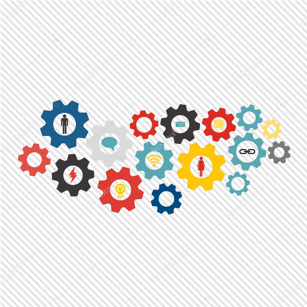 Business mechanism concept. Abstract background with connected gears and icons for strategy, service, analytics, research, seo, digital marketing, communicate concepts. Vector infographic illustration