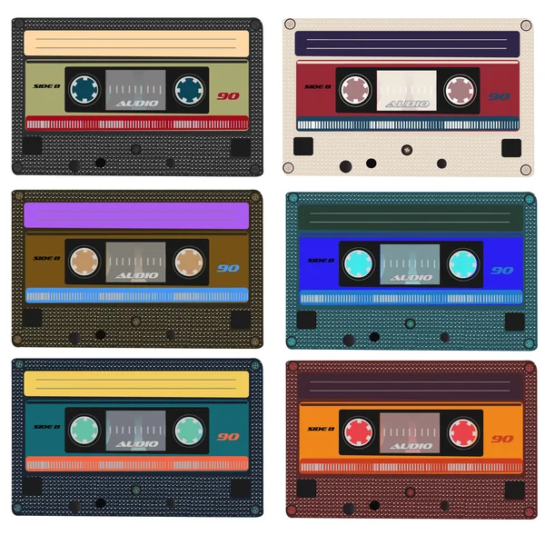 Coleção de cassetes de áudio retro vetorial. Conjunto de diferentes fitas de música coloridas. Isolado em fundo branco. Arte vetorial eps10 — Vetor de Stock