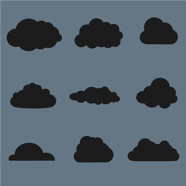 Ilustración vectorial de colección de nubes. Formas negras sobre fondo gris . — Vector de stock