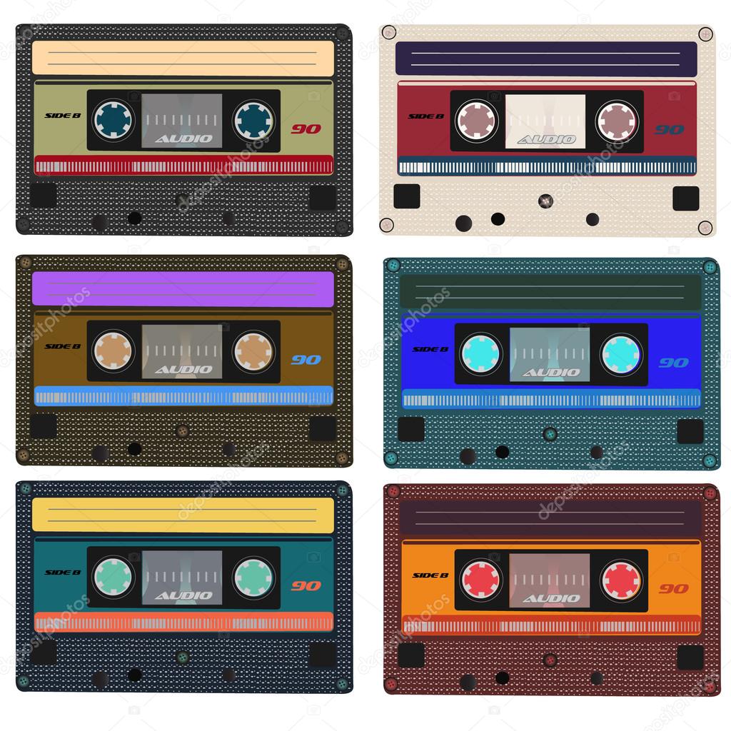 Collection of vector retro audio cassettes. Set of different colorful music tapes. Isolated on white background. Vector art eps10