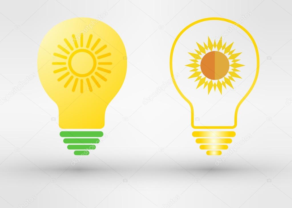 Light bulb with solar panels texture and sun. Vector