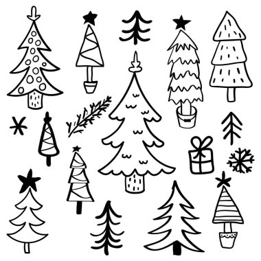 Noel ağacı koleksiyonu. Xmas dizisi. Yeni yıl ya da Noel tasarım unsurları. Doodle bayram klibi. Vektör illüstrasyonu. 