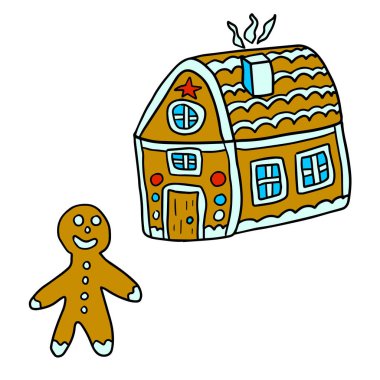 Tatlı zencefilli kurabiye evi ve beyaz arka planda izole edilmiş küçük bir adam. Noel yemeği. Kurabiye ev yapımı. Vektör illüstrasyonu.  