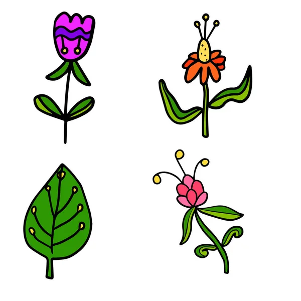 Bonito Doodle Flores Folhas Isoladas Fundo Branco Desenhos Animados Elementos —  Vetores de Stock