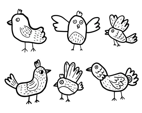 Galinha Dos Desenhos Animados Pintainhos Pássaro Definido Estilo Doodle Isolado — Vetor de Stock