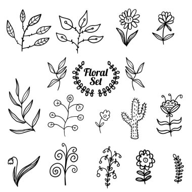 El yapımı çiçek desenli elementler, ağaç dalı, çalı, çiçek, kaktüs, bitki, tropikal yapraklar, dallar, beyaza izole edilmiş yapraklar. Tasarım koleksiyonu. Vektör illüstrasyonu. 