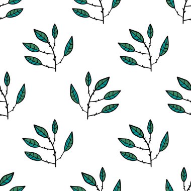 Dalları ve yaprakları olan sevimli, renkli, dikişsiz desen. Doodle Ormanı geçmişi. Vektör illüstrasyonu. 