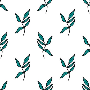 Dalları ve yaprakları olan sevimli, renkli, dikişsiz desen. Doodle Ormanı geçmişi. Vektör illüstrasyonu. 