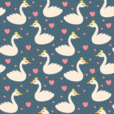 Sevimli çizgi film mutlu kuğu tacı düz stil, kalpler ve noktalar pürüzsüz desenli. Romantik kuş geçmişi. Vektör illüstrasyonu. 