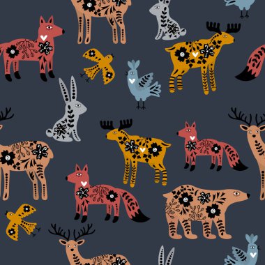 Çiçeksiz süs desenli şirin İskandinav hayvanları. Geyik, tilki, ayı, kuş, tavşan ve geyiklerle dolu bir arka plan. Vektör illüstrasyonu.  