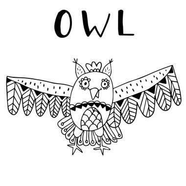 Beyaz arka planda izole edilmiş dekoratif süslemeleri olan sevimli, mutlu bir karalama baykuşu. Vektör illüstrasyonu. 