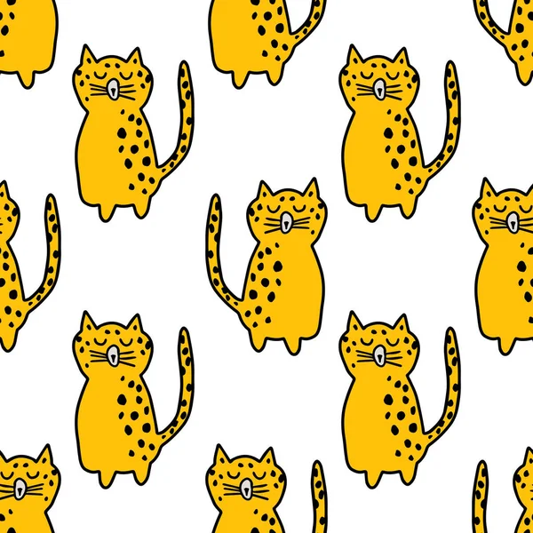 Dibujos Animados Lindo Leopardo Estilo Doodle Patrón Sin Costuras Fondo — Vector de stock