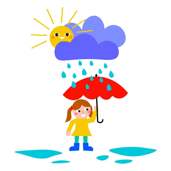 Nettes Glückliches Kleines Mädchen Mit Regenschirm Unter Regen Wolken Und — Stockvektor