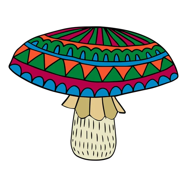 Mignon Champignon Fantaisie Doodle Avec Capuchon Ornemental Isolé Sur Fond — Image vectorielle