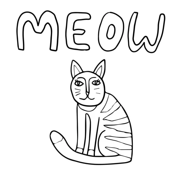 Leuke Cartoon Doodle Kat Woord Meow Geïsoleerd Witte Achtergrond Kinderachtige — Stockvector