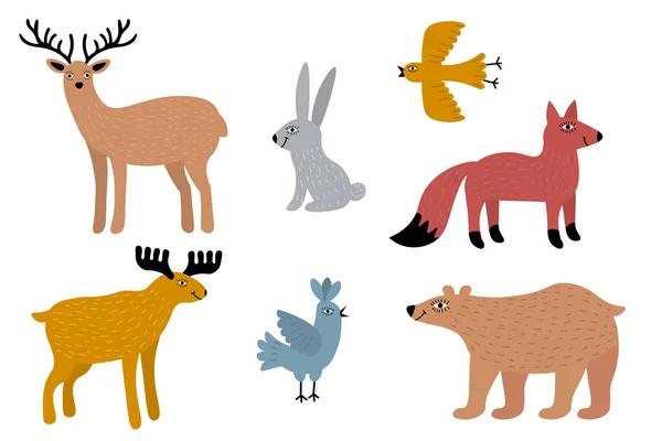 Roztomilé Skandinávské Zvířata Nastavit Izolované Bílém Pozadí Jeleni Lišky Medvědi — Stockový vektor