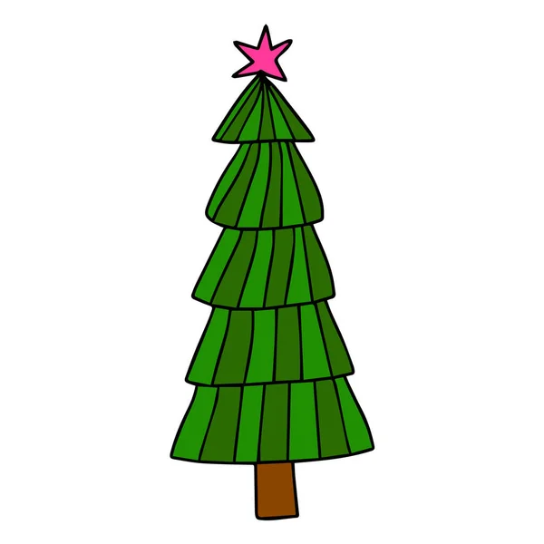 Doodle Desenhado Mão Árvore Natal Feliz Ano Novo Abeto Natal — Vetor de Stock
