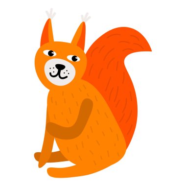 Beyaz arka planda izole edilmiş, düz tarzda şirin bir sincap. Orman hayvanı. Vektör illüstrasyonu. 