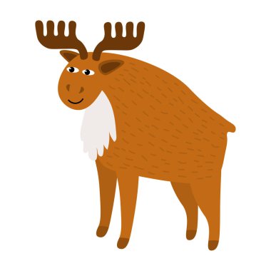 Sevimli çizgi film geyiği düz stilde. Geyik beyaz arka planda izole edilmiş. Hayvan herif. Vektör illüstrasyonu. 