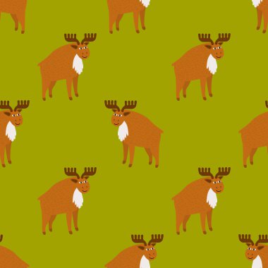 Sevimli çizgi film geyiği düz bir şekilde kusursuz deseni var. Geyik geçmişi. Hayvan ambalaj kağıdı. Vektör illüstrasyonu. 