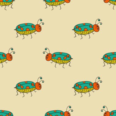 Çizgi filmlerde kusursuz desen çizer doğrusal uğur böceği, böcek. Böcek geçmişi. Vektör illüstrasyonu.  