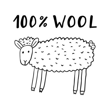 Çizgi filmlerdeki doğrusal koyunlar ve beyaz arka planda% 100 WOOL izole edilmiş kelimeler. Vektör illüstrasyonu. 