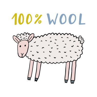 Çizgi filmlerdeki doğrusal koyunlar ve beyaz arka planda% 100 WOOL izole edilmiş kelimeler. Vektör illüstrasyonu. 