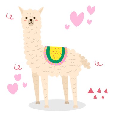 Beyaz arka planda izole edilmiş düz stil Llama çizgi filmi. Hayvan kartı. Vektör illüstrasyonu.